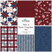 Collage of primarily red one yard cuts from the "Valor is Never Forgotten" collection featuring American motifs and colors.