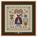 The finished and framed cross stitch project featuring a dressed bunny holding a flag with the liberty bell, 1776, and a potted flower.