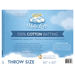 Label for Halo Loft throw size batting, featuring cotton material details and care instructions.