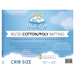 Label for Halo Loft crib size batting, featuring a blue background, cloud halo graphic, and care instructions.