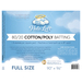 Label for Halo Loft full size batting, featuring a blue background, cloud halo graphic, and care instructions.