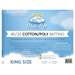 Label for Halo Loft king size batting, featuring a blue background, cloud halo graphic, and care instructions.