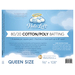 Label for Halo Loft queen size batting, featuring a blue background, cloud halo graphic, and care instructions.