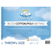 Label for Halo Loft throw plus size batting, featuring a blue background, cloud halo graphic, and care instructions.