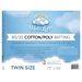 Label for Halo Loft twin size batting, featuring a blue background, cloud halo graphic, and care instructions.