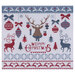 Scandinavian style graphic featuring reindeer, trees, snowflakes, and hanging ornaments with reindeer borders on a white background.