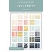 A quilt pattern titled Squared Up featuring various colorful geometric designs and floral prints.