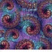Kaleidoscopic pattern of spiraling shell motifs made up of circles and dots in hues of purple, aqua, teal, magenta, and copper
