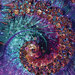 8x8 swatch of the fabric featuring a swirling shell motif with circles and dots in aqua, purple, magenta, and copper hues.