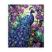 Blue and aqua peacock surrounded by purple and pink blooms on a mottled aqua and teal background.