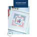 A framed quilt-inspired cross stitch pattern titled Golden Hour in red, blue, and white.