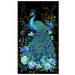Black panel featuring an aqua, teal, and blue peacock with florals and gold metallic accents.
