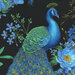 8x8 swatch of the fabric featuring a peacock with blue florals and metallic accents on a black background