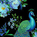 8x8 swatch of the fabric featuring a peacock with blue florals and metallic accents on a black background