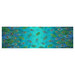 Aqua and teal ombre print featuring drifting peacock feathers with gold metallic accents