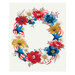 Cream fabric with a wreath of blue stars, American flag stripes, and red, white, and blue flowers.