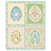 Colorblocked panels featuring a decorated egg with florals and a peter rabbit character in the center on a bright aqua background with florals.