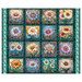 Block panel of mosaic florals on a dark teal fabric bordered by an aqua gem design.