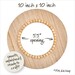 Circular beaded embroidery hoop frame with wood veneer finish with dimensions listed.