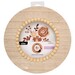 Circular beaded embroidery hoop frame with wood veneer finish.