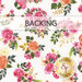 A swatch of white fabric with pink and orange floral blossoms. A banner at the top reads "Backing" and a golden Shabby Fabrics logo can be seen in the lower right hand corner.