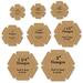 A set of 8 hexagonal cardboard tags of various sized Hexagons with Tack It Easy.