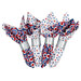 Four folded napkins in red, white, and blue fabrics with silver bands isolated on a white background. 