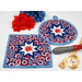 A shot of both the round and square hot pads, demonstrating stitching and binding details, staged with flowers and kitchen décor.
