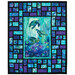 The completed Stained Glass Panel Quilt II, colored in bold cyan, blue, violet, and black fabrics from the Coral Reef collection by Northcott Fabrics, isolated on a white background.