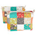 The two completed Mini-Charm Bags, colored in vibrant fabrics from the In the Garden collection by Moda Fabrics, isolated on a white background. 