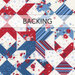 A swatch of cream fabric with a geometric red and blue floral pattern. A banner at the top reads "Backing".