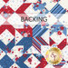 A swatch of cream fabric with a geometric red and blue floral pattern. A banner at the top reads "Backing" and a Shabby Fabrics logo in the bottom right corner.