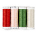 Four spools of red, pink, green, and cream thread on a white background.