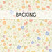 A swatch of cream fabric with tossed small pink, orange, and blue flowers, a banner at the top reads "Backing"