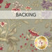A swatch of sage green fabric with shabby, textured florals. A banner at the top reads "Backing" and a golden Shabby Fabrics logo can be seen in the lower right hand corner.