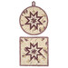 The two completed plum and cream Folded Star Hot Pads, isolated on a white background. 