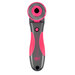 A gray and pink rotary cutter designed for quilting, featuring a circular blade and ergonomic handle.