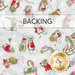 Light gray fabric swatch featuring whimsical mice in Christmas attire, sledding and playing in the snow. A transparent banner at the top reads "Backing."