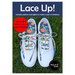 Image of the red Lace Up! pattern featuring white sneakers with colorful laces and blue shoe aglets