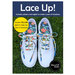 Image of the yellow Lace Up! pattern featuring white sneakers with colorful laces and blue shoe aglets