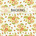 White swatch of fabric featuring yellow, green, and red florals; a transparent banner at the top reads "Backing."