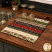 The completed Dry Ideas drying mat, colored in vintage christmas fabrics from the Christmas Tails collection by clothworks, staged on a wood kitchen counter with stemmed wine glasses. 