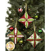 The three completed Cathedral Window Ornaments, colored in bright green, red, and cream fabrics from the Peppermint & Pine collection, hung on a decorated Christmas Tree.