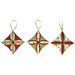 The three completed Cathedral Window Ornaments, colored in bright green, red, and cream fabrics from the Peppermint & Pine collection, isolated on a white background. 