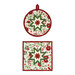 The two completed Folded Star Hot Pads colored in red, green, and white fabrics from the Peppermint & Pine collection by Marcus Fabrics, one round and one square, isolated on a white background. 