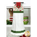 A head on shot of the completed Poinsettia Hanging Towel, colored in red, green, and white fabrics from the Peppermint & Pine collection by Marcus Fabrics, hung on kitchen drawer and staged with coordinating décor.