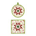 The two completed Folded Star Hot Pads colored in red, green, and white fabrics from the Peppermint & Pine collection by Marcus Fabrics, one round and one square, isolated on a white background. 