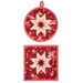 The two completed red Folded Star Hot Pads, one round and one square, slightly overlapping each other and isolated on a white background. 