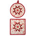 The two completed cream Folded Star Hot Pads, one round and one square, slightly overlapping each other and isolated on a white background. 