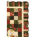 A closer look at the patchwork of the quilt, showing print colors and details as well as flourishes on the scalloped borders.